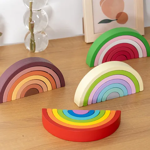 Wooden Rainbow Stacking Blocks Toy Montessori Educational Colorful Arch Building Blocks For Toddlers Kids Early Learning