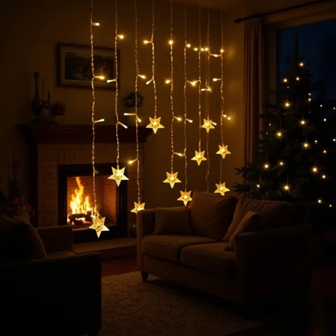 LED 3D Star Curtain Lights Christmas Holiday Decorative Warm Multicolored String Lights Room Party Wedding Decor
