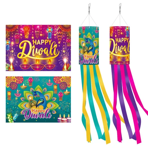 Happy Diwali Windsock Outdoor Festive Hanging Decor Indian Peacock Pattern Polyester Windsock Party Garden Yard Decoration