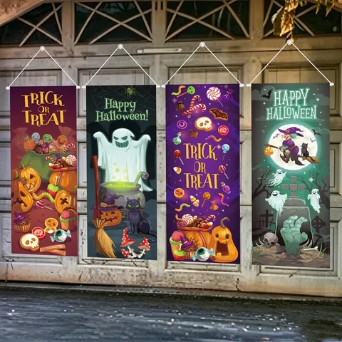 Banner Decorativo per Halloween in Poliestere Arazzo da Parete con Zucca Fantasma Strega per Decorazione Porta Festa