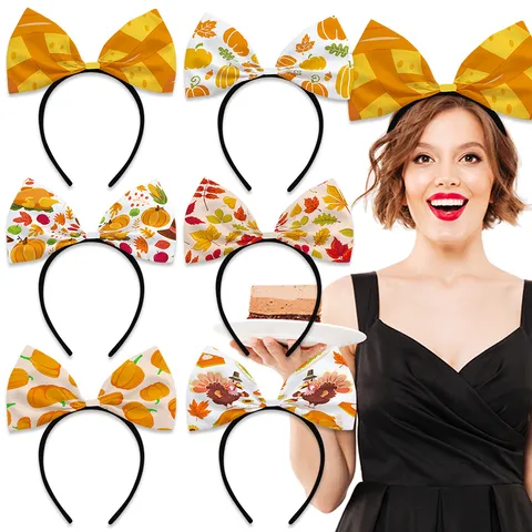 Thanksgiving Party Bow Headband Autumn Harvest Festival Pumpkin Turkey Maple Leaf Printed Hair Hoop For Kids Women Festive Decoration