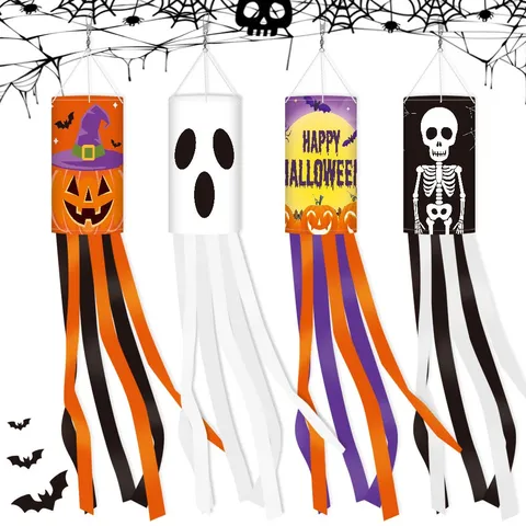 Halloween Hanging Windsock Flag Outdoor Garden Yard Decor Pumpkin Ghost Skull Printed Polyester Streamer Party Decoration