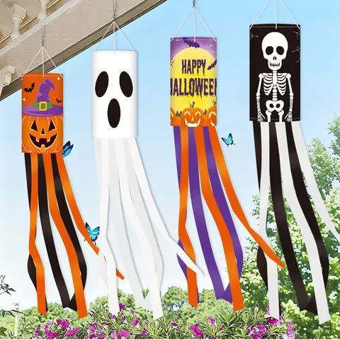 Halloween Hanging Windsock Flag Outdoor Garden Yard Decor Pumpkin Ghost Skull Printed Polyester Streamer Party Decoration