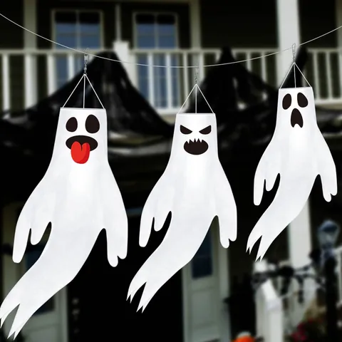 Halloween Ghost Windsock Flag Polyester Outdoor Hanging Decoration Scary Ghost Face Windsock For Yard Garden Patio Party Decor