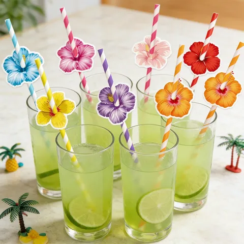 Decorazione di Cannuccia per Festa Hawaiana Cannucce di Carta a Righe Colorate Con Carte di Fiori di Ibisco Topper per Bevande di Compleanno in Spiaggia d'Estate Tropicale