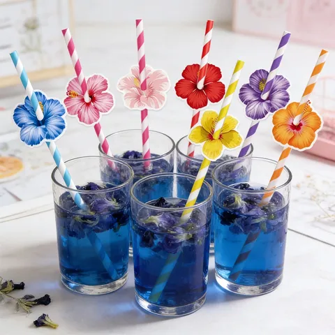 Decorazione di Cannuccia per Festa Hawaiana Cannucce di Carta a Righe Colorate Con Carte di Fiori di Ibisco Topper per Bevande di Compleanno in Spiaggia d'Estate Tropicale