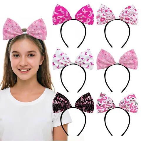 Breast Cancer Awareness Bow Headband Pink Ribbon Charity Event Party Decoration Headpiece For Women Girls Hope Pattern
