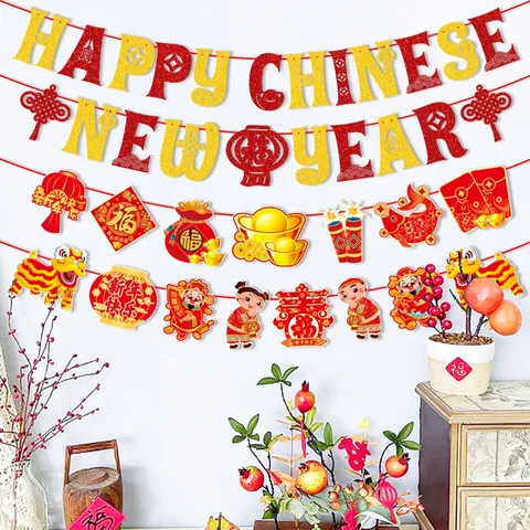 Chinese New Year Banner Decoration Happy New Year Letter Banner Red Gold Glitter Paper Bunting Garland For Spring Festival Party Home Decor