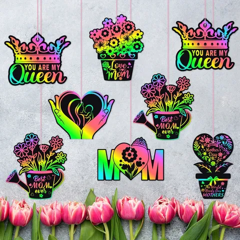 Tarjetas Rascar Arcoiris Mágico Día de la Madre Adornos Colgantes Con Puntero de Madera Cinta Regalo Decoración