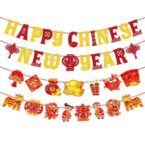 Chinese New Year Banner Decoration Happy New Year Letter Banner Red Gold Glitter Paper Bunting Garland For Spring Festival Party Home Decor