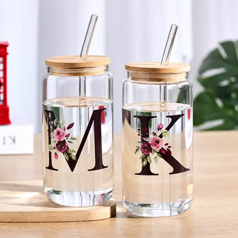 High Borosilicate Glass Cola Tumbler With Bamboo Lid And Straw Letter Floral Print Clear Drinking Cup