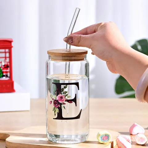 High Borosilicate Glass Cola Tumbler With Bamboo Lid And Straw Letter Floral Print Clear Drinking Cup
