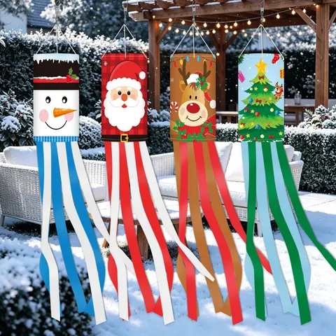 Christmas Windsock Flag Outdoor Garden Decoration Santa Claus Snowman Elk Christmas Tree Polyester Printed Yard Festival Hanging Windsock