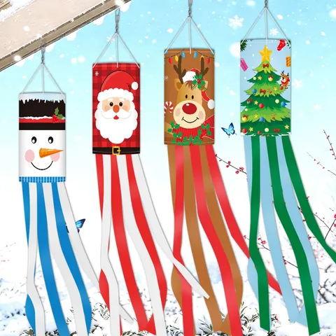 Christmas Windsock Flag Outdoor Garden Decoration Santa Claus Snowman Elk Christmas Tree Polyester Printed Yard Festival Hanging Windsock