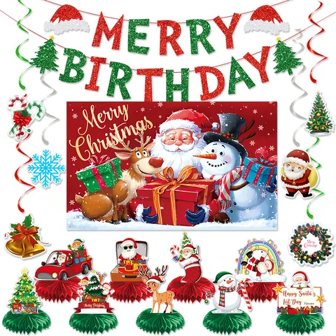 Weihnachten Geburtstag Party Dekoration Set Papier Waben Ornamente Cartoon Weihnachtsmann Banner Polyester Hintergrund Hängende Spiralen Für Zuhause