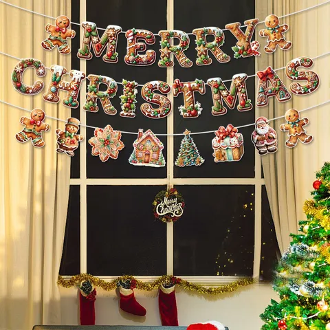 Gingerbread Man Christmas Party Decoration Set Paper Merry Christmas Banner Hanging Swirls Honeycomb Ornament Home Decor