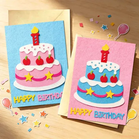Carte d'Anniversaire en Feutre Stéréo Fait Main Design de Gâteau Créatif Carte de Voeux Avec Enveloppe Kraft pour Fête