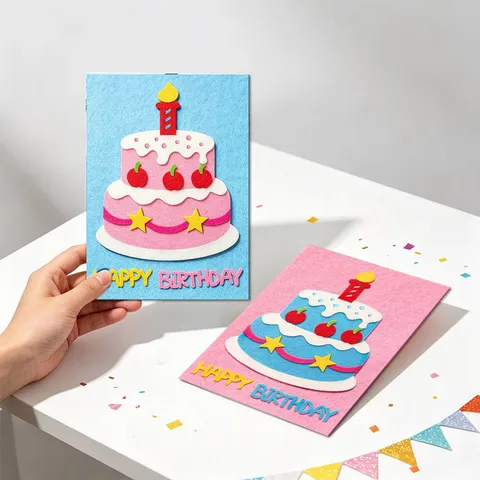 Carte d'Anniversaire en Feutre Stéréo Fait Main Design de Gâteau Créatif Carte de Voeux Avec Enveloppe Kraft pour Fête