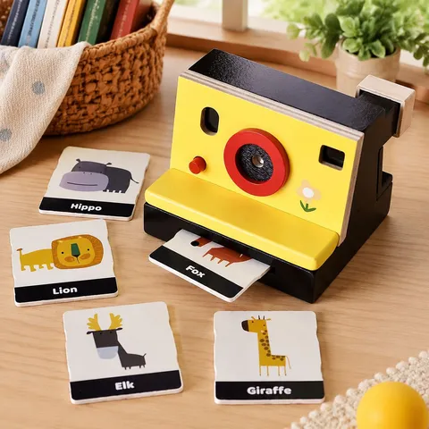Wooden Vintage Simulation Camera Toy Early Education Kids Cognitive Interactive Pretend Play Toy With Animal Cards