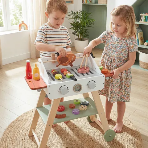 Kids Wooden Simulation BBQ Grill Pretend Play Toy Set Kitchen Cooking Food Pretend Toys Educational Gift For Children