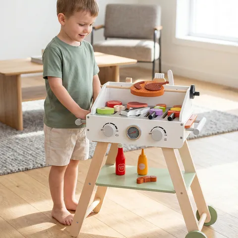 Kids Wooden Simulation BBQ Grill Pretend Play Toy Set Kitchen Cooking Food Pretend Toys Educational Gift For Children