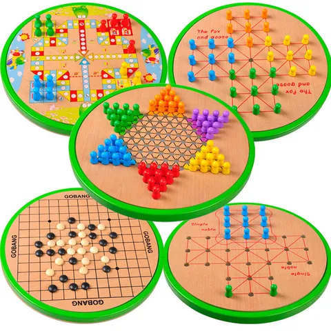 Wooden 5 in 1 Board Game Set Educational Multicolored Chess Checkers Ludo Family Tabletop Toy Gift For Kids