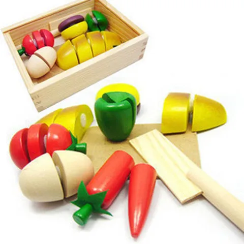 Wooden Cutting Fruit Vegetable Kitchen Pretend Play Toy Set With Storage Box Educational Toys For Toddlers