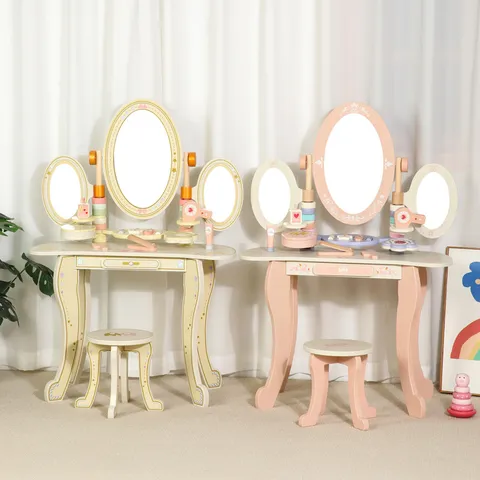 Children Wooden Pretend Play Vanity Table Makeup Toy Set Girl Princess Dress Up Educational Toy Gift with Mirror