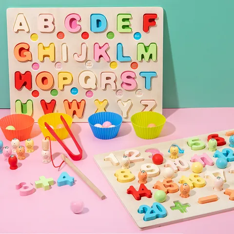Jouet Montessori en Bois 3 en 1 Tableau de Correspondance Chiffres Lettres Jeu de Pêche Magnétique Perles Jouets Éducatifs pour Tout-Petits Enfants