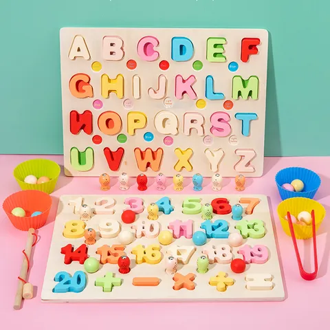 Jouet Montessori en Bois 3 en 1 Tableau de Correspondance Chiffres Lettres Jeu de Pêche Magnétique Perles Jouets Éducatifs pour Tout-Petits Enfants