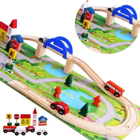 Kinder Holzeisenbahn Schienen Bausteine Stadt Verkehrszene Lernspielzeug Puzzle Montage Auto Set