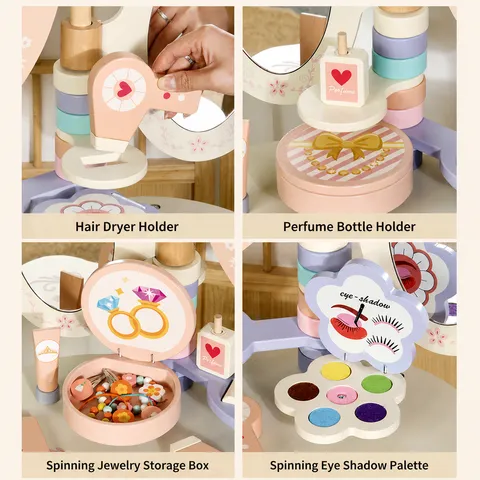 Children Wooden Pretend Play Vanity Table Makeup Toy Set Girl Princess Dress Up Educational Toy Gift with Mirror