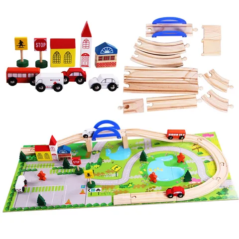 Kinder Holzeisenbahn Schienen Bausteine Stadt Verkehrszene Lernspielzeug Puzzle Montage Auto Set