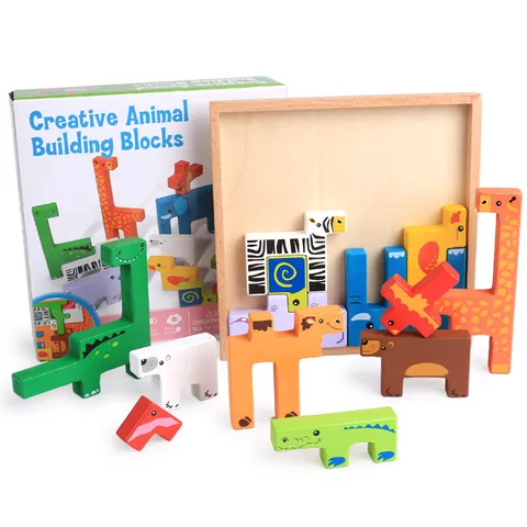 Jouet Educatif en Bois Tetris Block Puzzle Formes d'Animaux Cartoon 3D Jeu Montessori d'Apprentissage Precoce pour Enfants