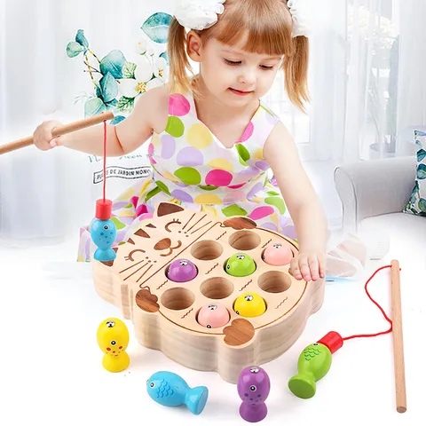 Wooden Magnetic Cat Fishing Game Toy Kids Early Educational Montessori Learning Puzzle Toys Parent-Child Interactive Gift