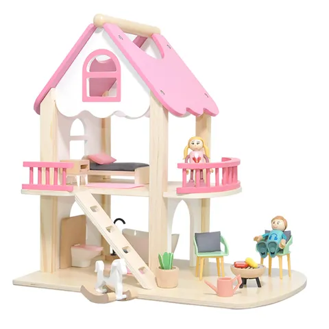 Portable Nordic Wooden Dollhouse Miniature Furniture Simulation Villa Pretend Play Toy Set Girls Birthday Gift