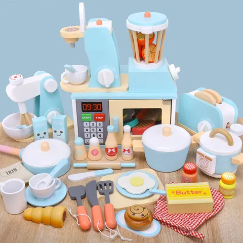 Hölzernes Simulations-Küchenspielzeug-Set Kinder Rollenspiel Mixer Brotbackautomat Kaffeemaschine Ofen Lernspielzeug Geschenk
