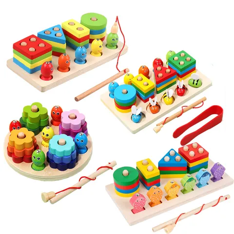 Hölzernes Montessori Lernspielzeug Vier Spalten Geometrische Form passendes Puzzle Baby Früherziehung Klemmen Biene Angeln