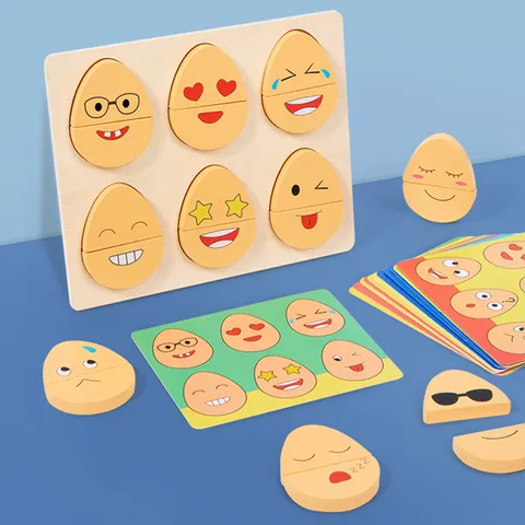 Kids Wooden Early Education Puzzle Expression Matching Egg Toy Interactive Concentration Training Game For Toddlers