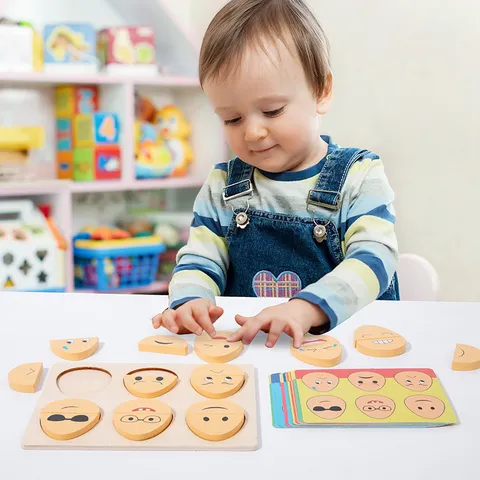 Kids Wooden Early Education Puzzle Expression Matching Egg Toy Interactive Concentration Training Game For Toddlers