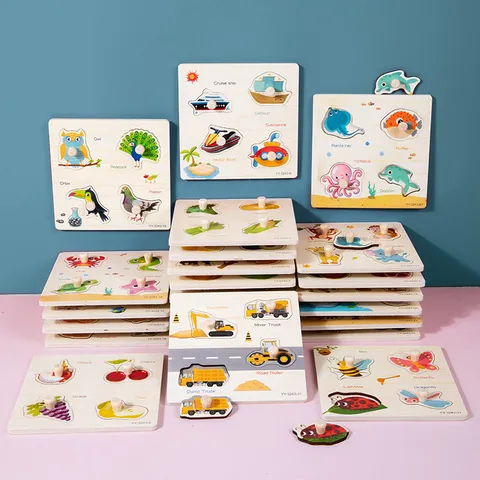 Montessori Wooden Peg Puzzle Toddler Early Educational Learning Toys Animal Traffic Fruit Shape Matching Board Baby Gift