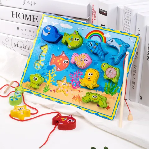 Wooden Magnetic Fishing Lacing Board Toddler Early Education Animal Matching Blocks Educational Montessori Toy For Kids