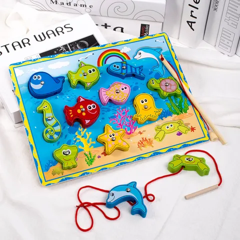 Wooden Magnetic Fishing Lacing Board Toddler Early Education Animal Matching Blocks Educational Montessori Toy For Kids
