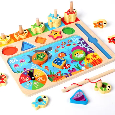Wooden Magnetic Fishing Logarithm Board Kids Early Educational Montessori Toy Shape Matching Puzzle Set For Toddlers