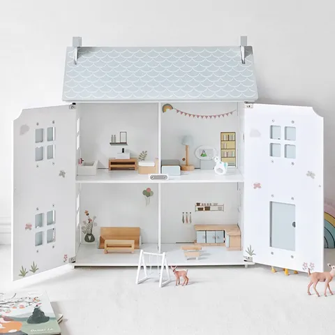 Nordic Ins Style Wooden Dollhouse Miniature Princess Doll Room Play House Educational Toys Girls Gift