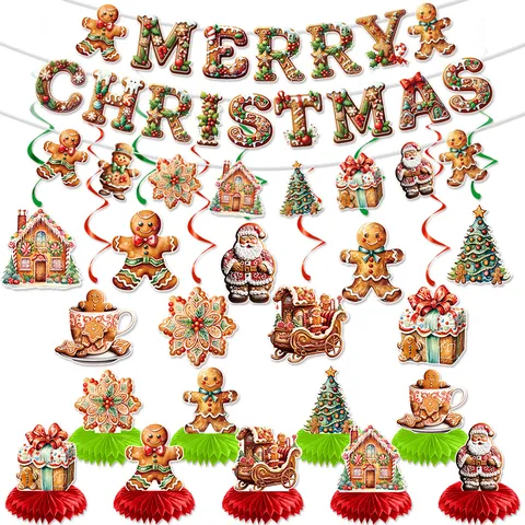 Gingerbread Man Christmas Party Decoration Set Paper Merry Christmas Banner Hanging Swirls Honeycomb Ornament Home Decor
