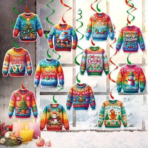 Merry Christmas Ugly Sweater Party Decoration Collection Banner Spiral Hanging Swirls Vase Inserts Backdrop Atmosphere Kit