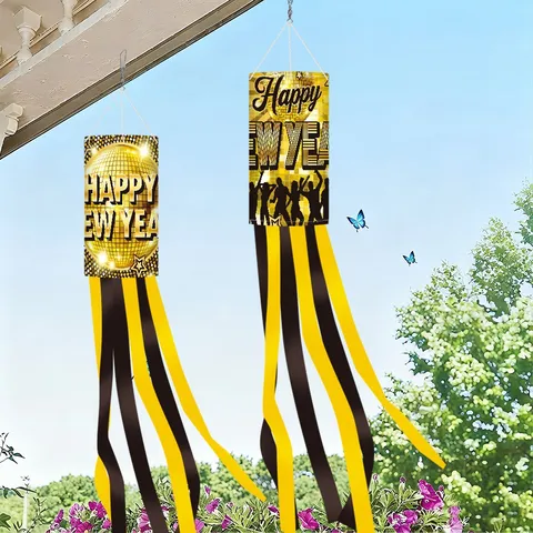 Happy New Year Decoration Windsock Flag Disco Theme Outdoor Hanging Streamer Polyester Holiday Party Yard Ornament