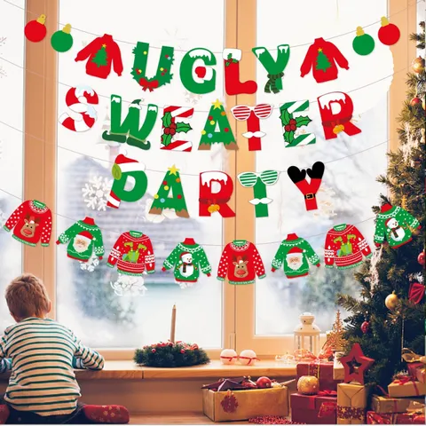Christmas Ugly Sweater Party Decoration Cardstock Banner Swirls Centerpieces Garland New Year Holiday Decor hanging Props