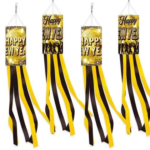 Happy New Year Decoration Windsock Flag Disco Theme Outdoor Hanging Streamer Polyester Holiday Party Yard Ornament